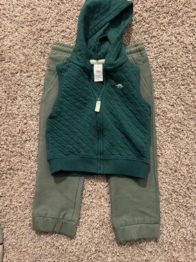 Carter's Green Quilted Hoodie Vest with Olive Pants